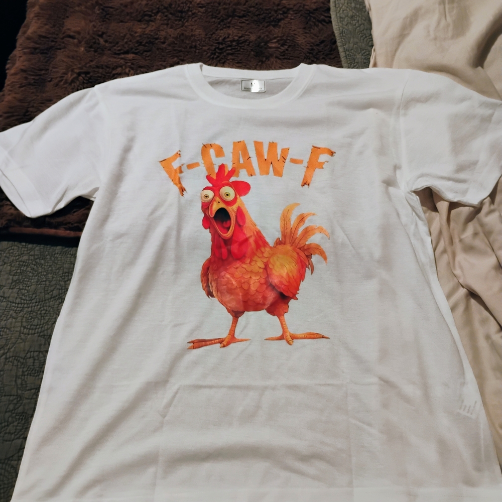 White Graphic Short Sleeve Tee with Orange Rooster Print